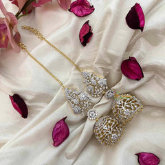 Vriksham Crystal Sparkle AD Stone Leaf & Flower Dome Jhumka Earrings-Gold Bead-G21217