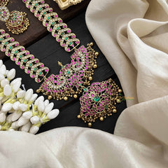 Vriksham Heritage Floral Pendant With Leaf Pattern Kundan Jadau Neckpiece-Red Green & White-Gold Bead-J3815