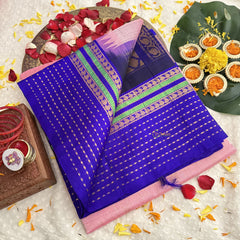 Vriksham Baby Pink With Golden Floral Buttis Designs Blue Border Silk Cotton Saree-VS4641