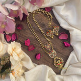 Vriksham Dual Peacock Navrathna Pendant Chain-Golden Bead-G15681