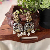 Vriksham Goddess Lakshmi Dual Tone Dangles Earrings-Red Yellow-Pearls-S1095