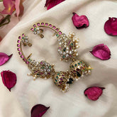 Vriksham Classic Peacock Style Jhumka With Pearls Deatling EarCuff- White Red & Green-G21212