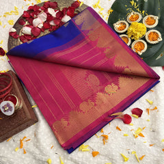 Vriksham Blue With Golden Buttis Pink Border Silk Cotton Saree-VS4644