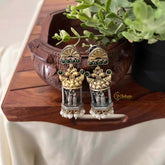 Vriksham Radha Krishna Temple Dangles Dual Tone Peacock & Shrine Earrings-Green-S1093