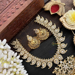 Vriksham Elegant Golden Touch With White Manga Short Neckpiece-Gold Bead-G20533