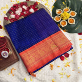 Vriksham Navy Blue With Orange Border Gold Plus Design Silk Cotton Saree-VS4642