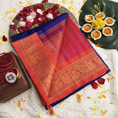 Vriksham Navy Blue With Orange Border Gold Plus Design Silk Cotton Saree-VS4642