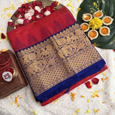 Vriksham Red & Peacock Designs Blue Broader Silk Cotton Saree-VS4646