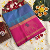 Vriksham Double Shaded Sky Blue & Elephants Designs Pink Broader Silk Cotton Saree-VS4647