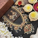 Vriksham Classic Diya & Floral Style Guttapusalu Short Neckpiece-Rice Pearl-Green Bead-G20539