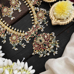 Vriksham Classic Diya & Floral Style Guttapusalu Short Neckpiece-Rice Pearl-Green Bead-G20539