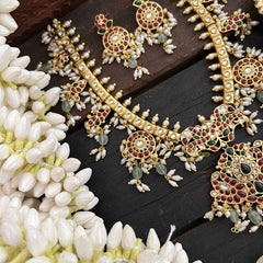 Vriksham Classic Diya & Floral Style Guttapusalu Short Neckpiece-Rice Pearl-Green Bead-G20539