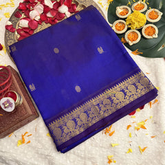Vriksham Blue With Zari Butta Gold Peacock Border Silk Cotton Saree-VS4635
