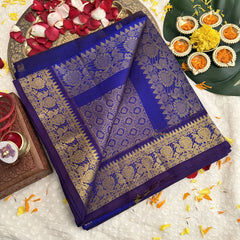 Vriksham Blue With Zari Butta Gold Peacock Border Silk Cotton Saree-VS4635