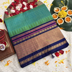 Vriksham Double Shade Green & Blue Zari Border Silk Cotton Saree-VS4634