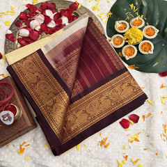 Vriksham Cream With Gold Zari & Peacock Maroon Border Silk Cotton Saree-VS4630