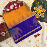Vriksham Yellow With Blue Gold Elephant Border Silk Cotton Saree-VS4636