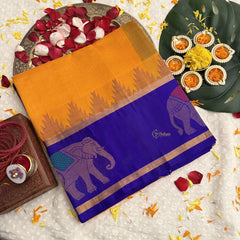 Vriksham Yellow With Blue Gold Elephant Border Silk Cotton Saree-VS4636