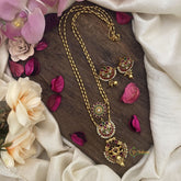 Vriksham Dual Peacock Pendant Chain-Golden Bead-Red Green-G15684