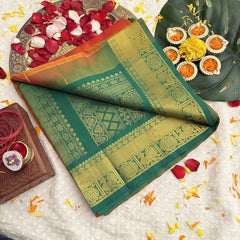 Vriksham Orange & Green Border With Peacock Motifs Silk Cotton Saree-VS4632
