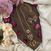 Vriksham Dual Peacock Pendant Chain-Green Bead-Red-G15687