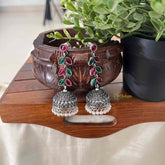 Vriksham Red & Green Stone Leaf Pattern Designer Jhumkas Earrings-S1101