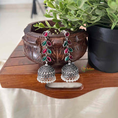 Vriksham Red & Green Stone Leaf Pattern Designer Jhumkas Earrings-S1101