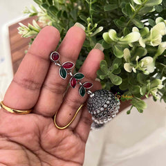 Vriksham Red & Green Stone Leaf Pattern Designer Jhumkas Earrings-S1101