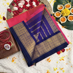 Vriksham Double Shade Pink With Blue Gold Zari Border Silk Cotton Saree-VS4637