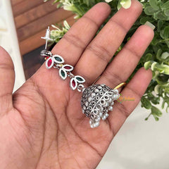 Vriksham Red & Green Stone Leaf Pattern Designer Jhumkas Earrings-S1101