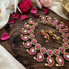 Unique AD Stone with Jadau Kundan Fusion Manga Neckpiece-Pearl-J2224