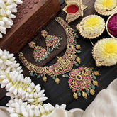 Vriksham Premium Ganesh Idol & Peacock Short Neckpiece-Green & Gold Bead-J3819