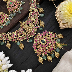 Vriksham Premium Ganesh Idol & Peacock Short Neckpiece-Green & Gold Bead-J3819