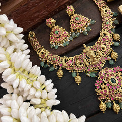 Vriksham Premium Ganesh Idol & Peacock Short Neckpiece-Green & Gold Bead-J3819