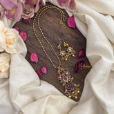 Vriksham Dual Peacock Pendant Chain-Red Green-Golden Pearls-G15607