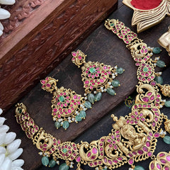 Vriksham Premium Ganesh Idol & Peacock Short Neckpiece-Green & Gold Bead-J3819