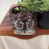 Vriksham Oxidized Silver With Ruby Pink Stones and Pearl Droplet Jhumka Earrings-S1105