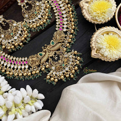 Vriksham Dual Peacock & Concert Pendant Style Short Neckpiece-Pearl-Gold & Green Bead-G20540