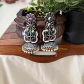 Vriksham Oxidized Silver With Green Red Stones and Pearl Droplet Jhumka Earrings-S1107