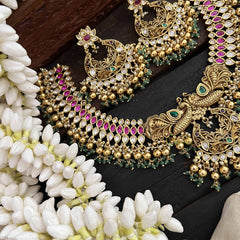 Vriksham Dual Peacock & Concert Pendant Style Short Neckpiece-Pearl-Gold & Green Bead-G20540