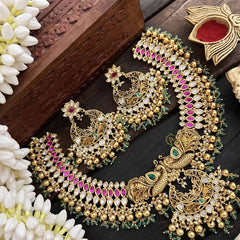 Vriksham Dual Peacock & Concert Pendant Style Short Neckpiece-Pearl-Gold & Green Bead-G20540