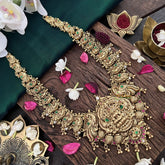 Vriksham Goddess Lakshmi Pendant With Peacock 1 gm Gold Haram-Green-G18931