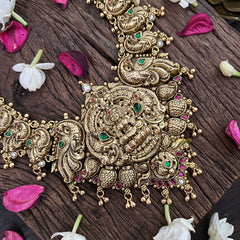 Vriksham Goddess Lakshmi Pendant With Peacock 1 gm Gold Haram-Green-G18931