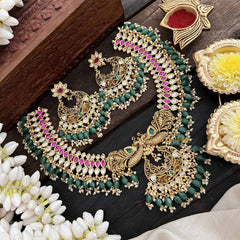 Vriksham Dual Peacock & Concert Pendant Style Short Neckpiece-Pearl-Green Bead-G20541