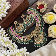 Vriksham Dual Peacock & Concert Pendant Style Short Neckpiece-Pearl-Green Bead-G20541