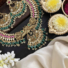 Vriksham Dual Peacock & Concert Pendant Style Short Neckpiece-Pearl-Green Bead-G20541