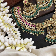 Vriksham Dual Peacock & Concert Pendant Style Short Neckpiece-Pearl-Green Bead-G20541