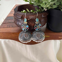 Vriksham Navratna Style Floral Dangles With Pearl Fringes Jhumka Earrings-Aqua Green-S1109