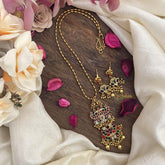 Vriksham Dual Peacock Navrathna Stone Pendant Chain-Golden Pearls-G15609