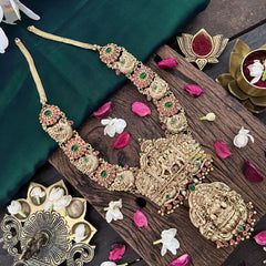 Vriksham Temple Lakshmi Nakshi Pendant With Peacock Floral 1 gm Gold Neckpiece-Red Green-G18930